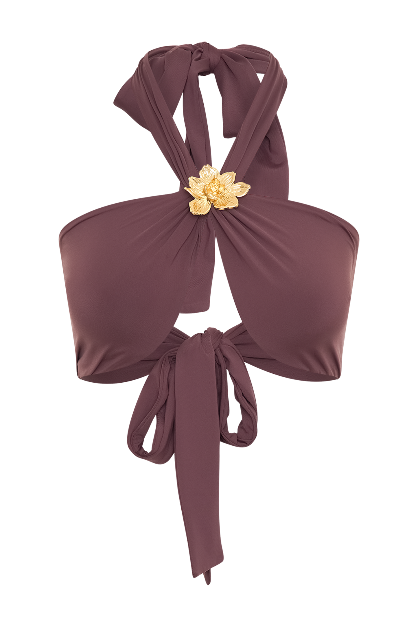 Carissa Floral Hardware Halter Bikini Top - Chocolate