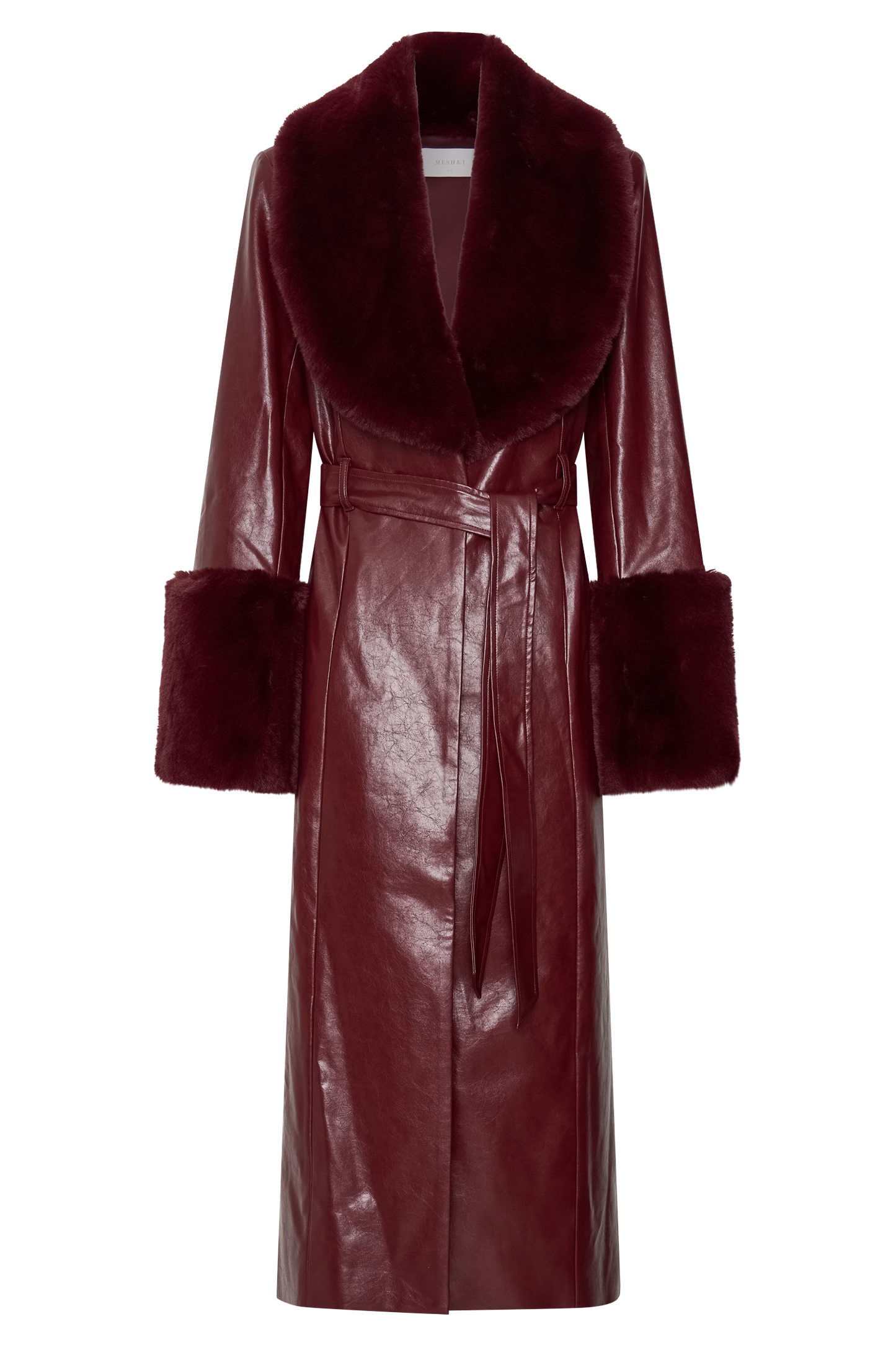 Bec Faux Leather Trench Coat With Faux Fur - Cherry Red