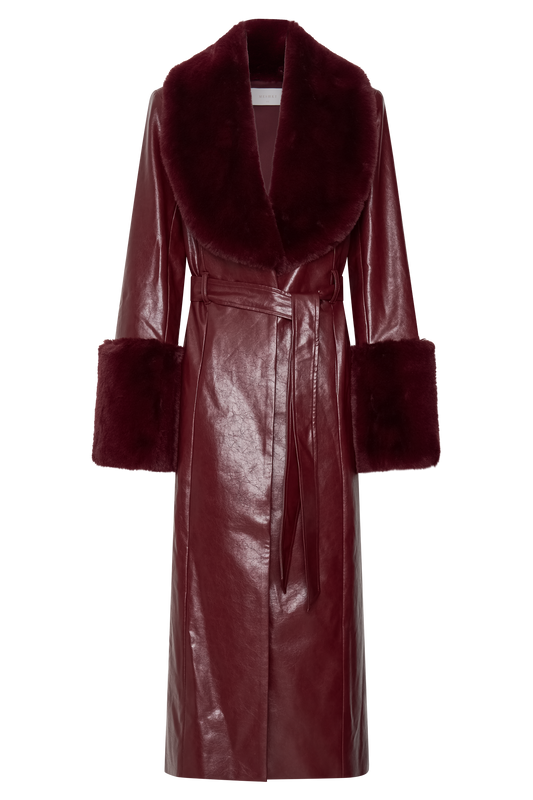 Bec Faux Leather Trench Coat With Faux Fur - Cherry Red