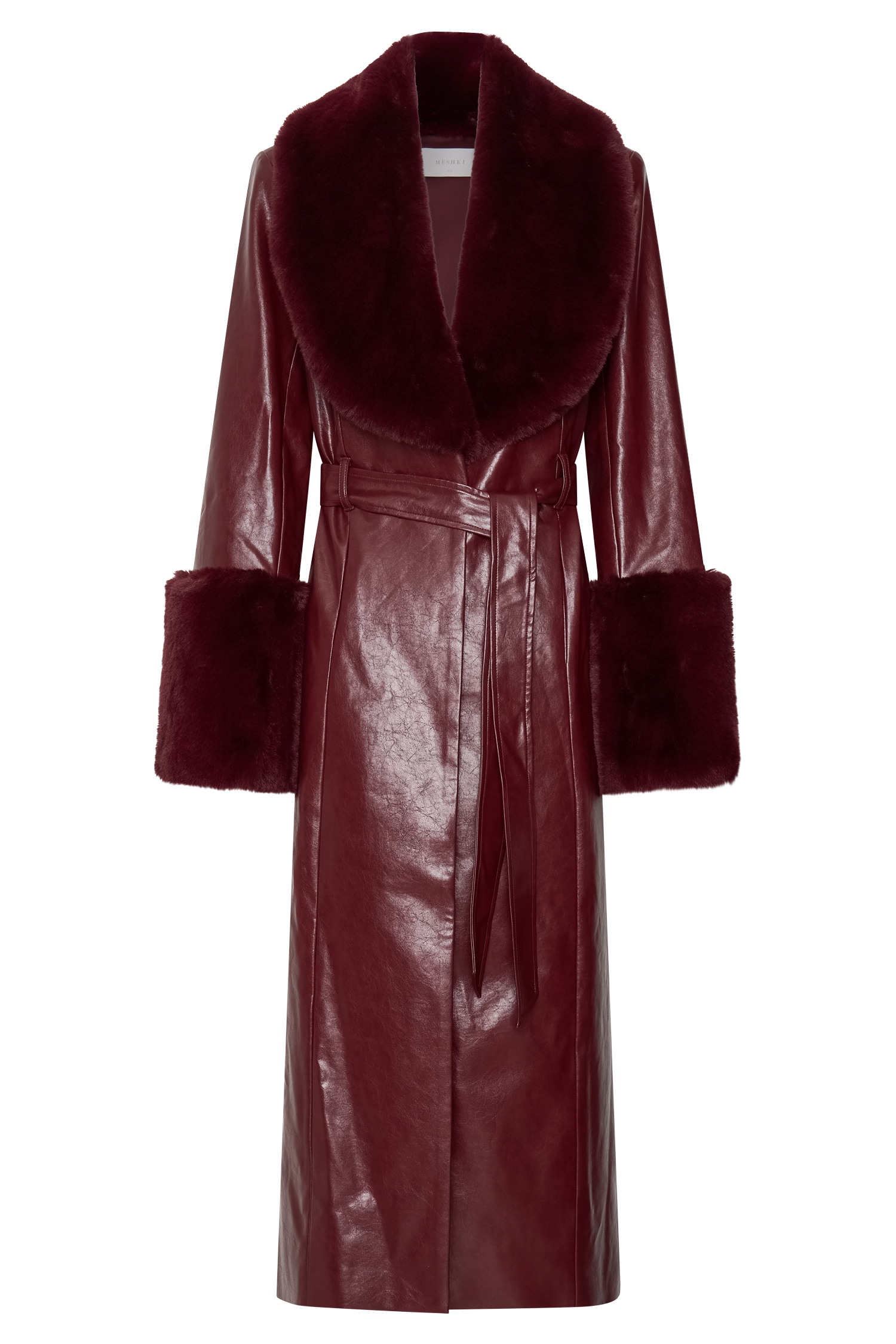 Bec Faux Leather Trench Coat With Faux Fur - Cherry Red #8