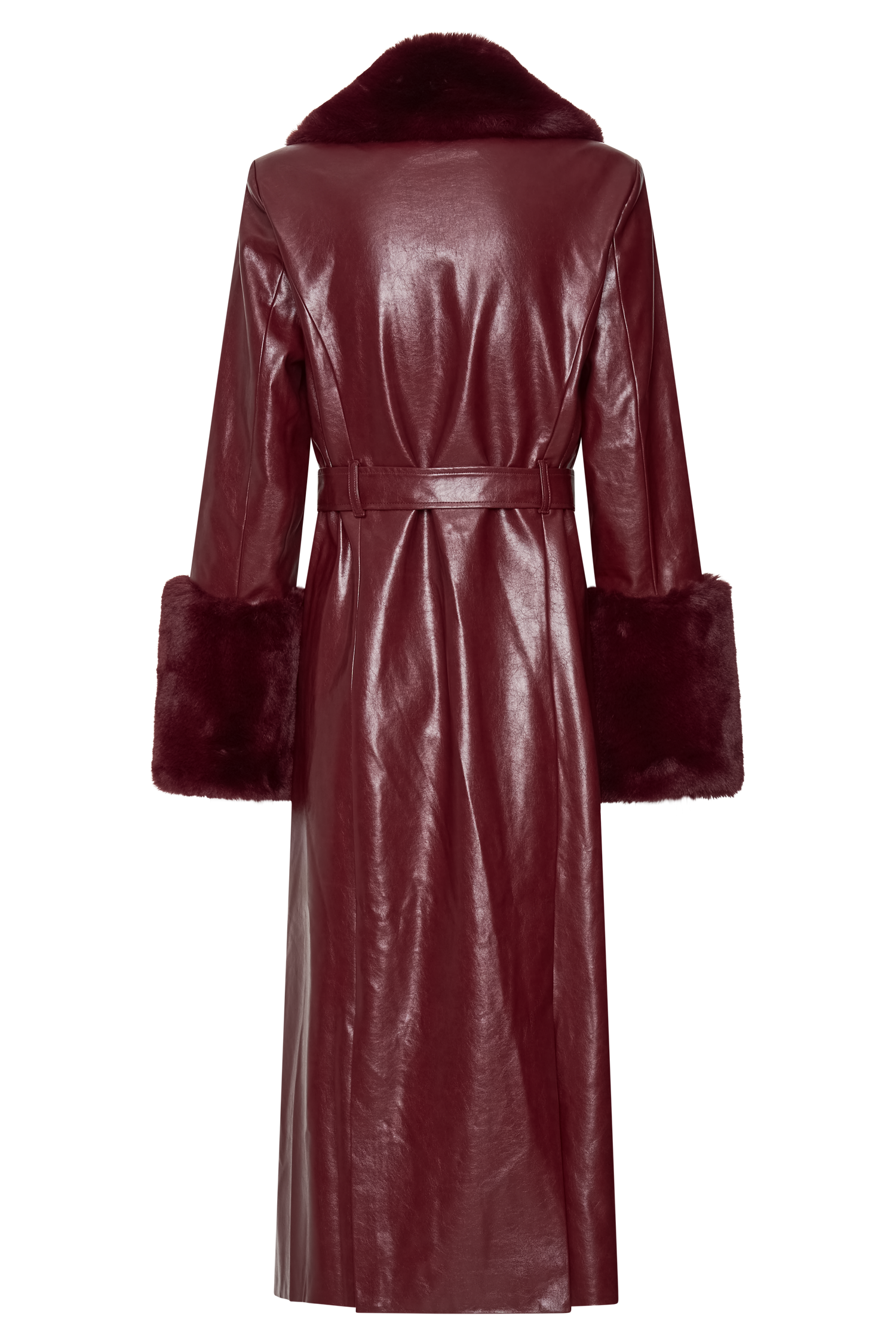 Bec Faux Leather Trench Coat With Faux Fur - Cherry Red #7
