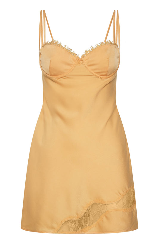 Joslyn Satin Lace Slip Mini Dress - Lemon