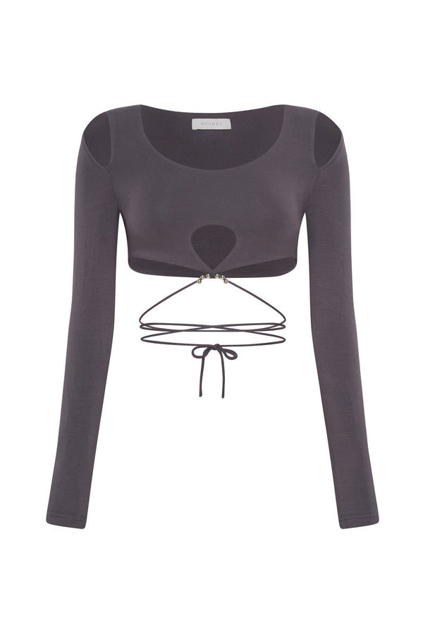 Jessie Long Sleeve Cut Out Crop Top - Charcoal