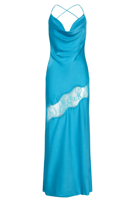 Chandra Lace Detail Satin Maxi Dress - Aquamarine