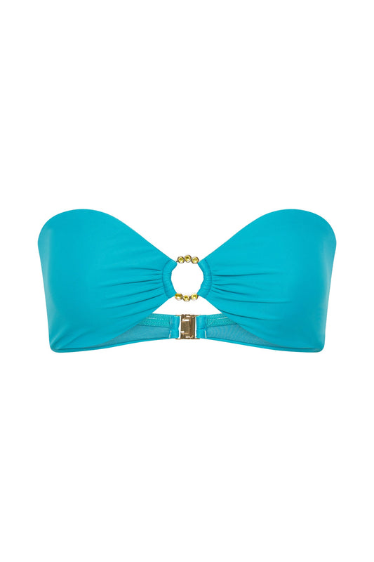 Hazel Recycled Nylon Bandeau Bikini Top With Diamante Trim - Turquoise