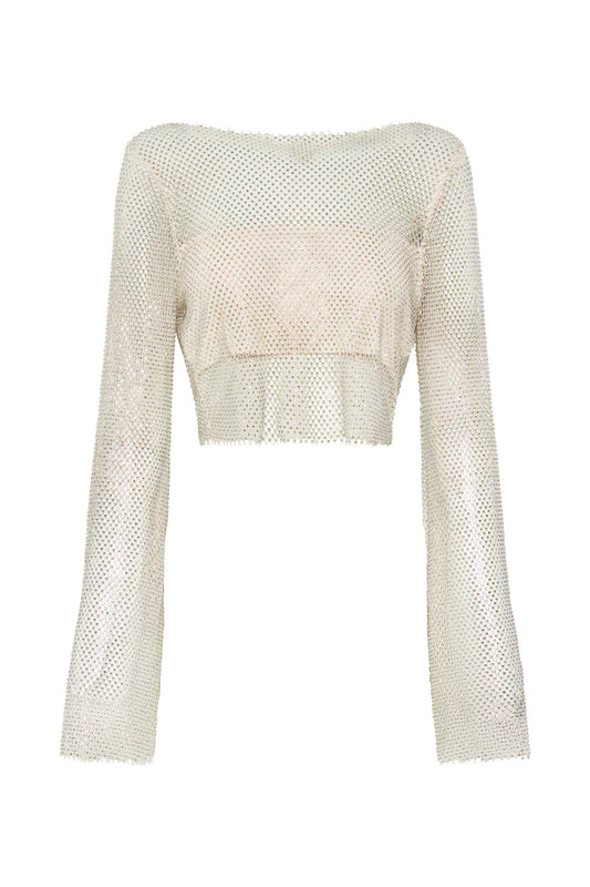 Hilton Diamante Mesh Cowl Top - Cream