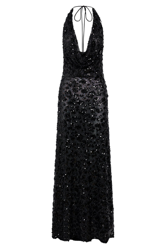 Nicola Plunge Neck Sequin Maxi Dress - Black