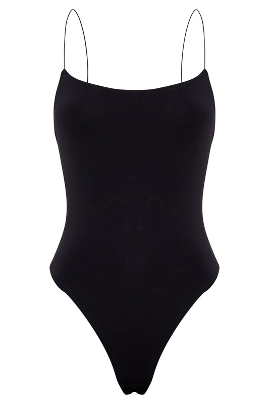 Valeria Low Back Thin Strap Bodysuit - Black