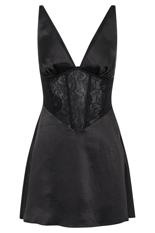 Kerrie Mini Halter Satin And Lace Dress - Black