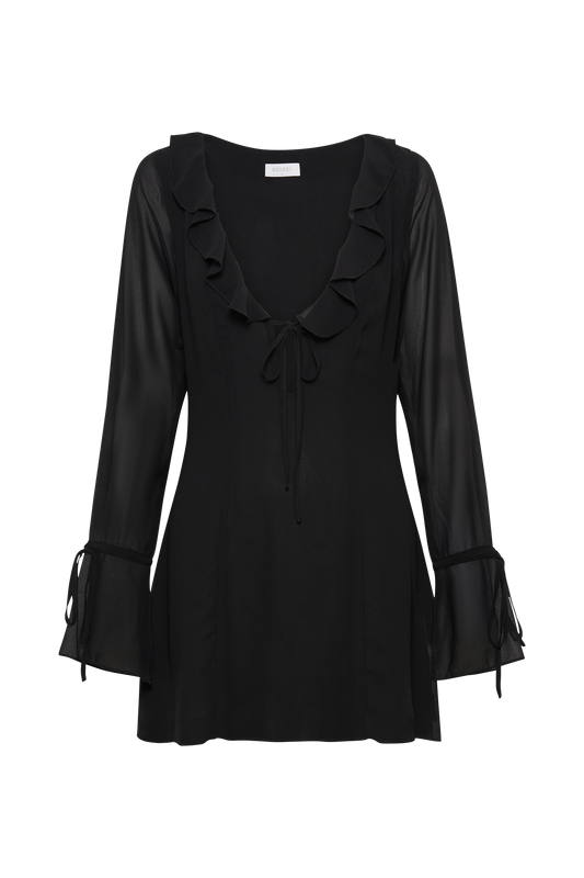 Deja Long Sleeve Chiffon Mini Dress - Black