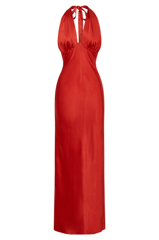 Marvelle Satin Halter Maxi Dress - Vermilion Red