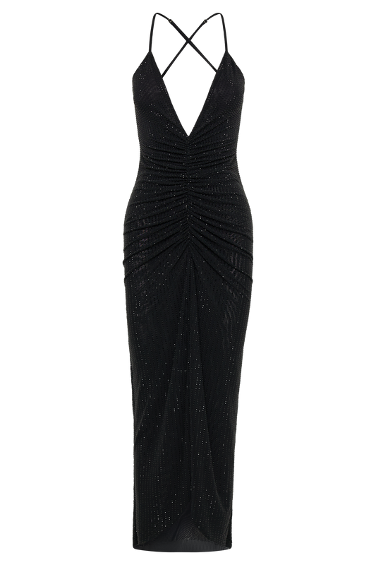 Emeraude Diamante Ruched Midi Dress - Black