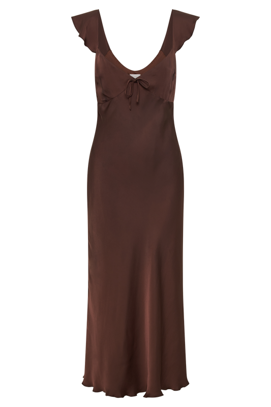 Chantal Short Sleeve Satin Midi Dress - Dark Chocolate