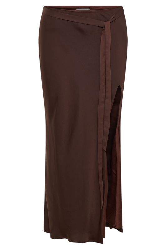 Edie Satin Midi Skirt With Tie - Dark Chocolate