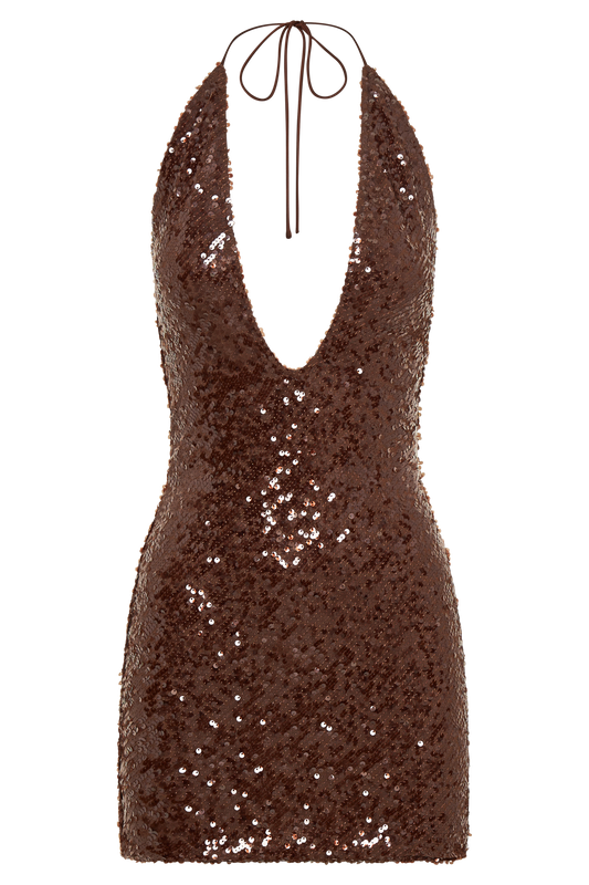 Cecilia Deep V Sequin Mini Dress - Dark Chocolate