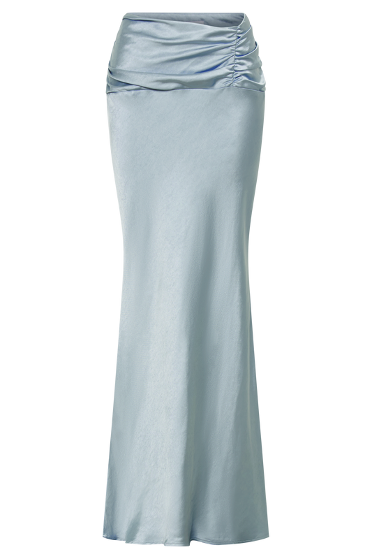 Khalani Ruched Satin Maxi Skirt - Ice Blue