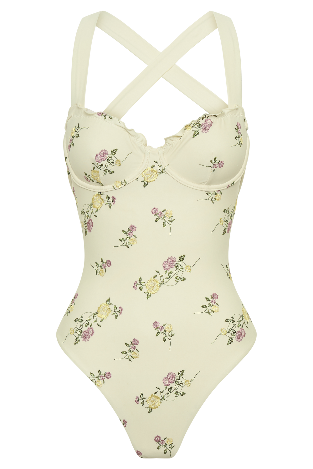 Stephanie Embroidered One Piece Swimsuit - Ivory Flower Print