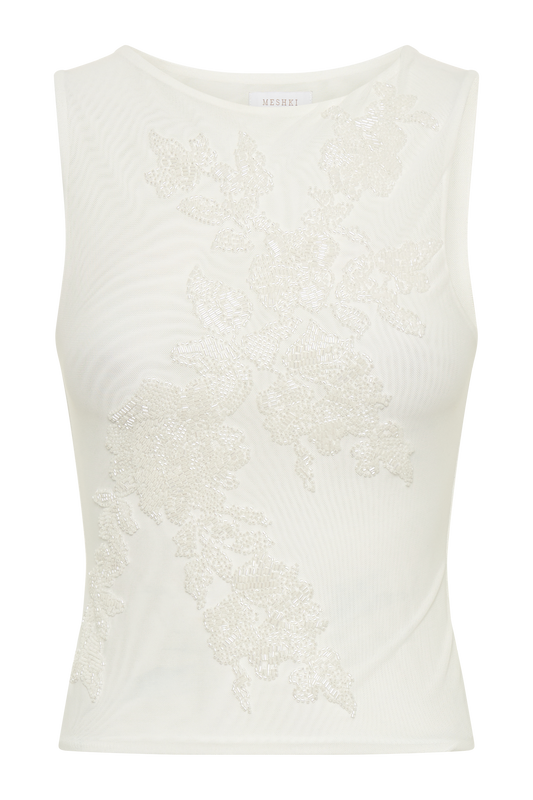 Luci Beaded Flower Mesh Top - White