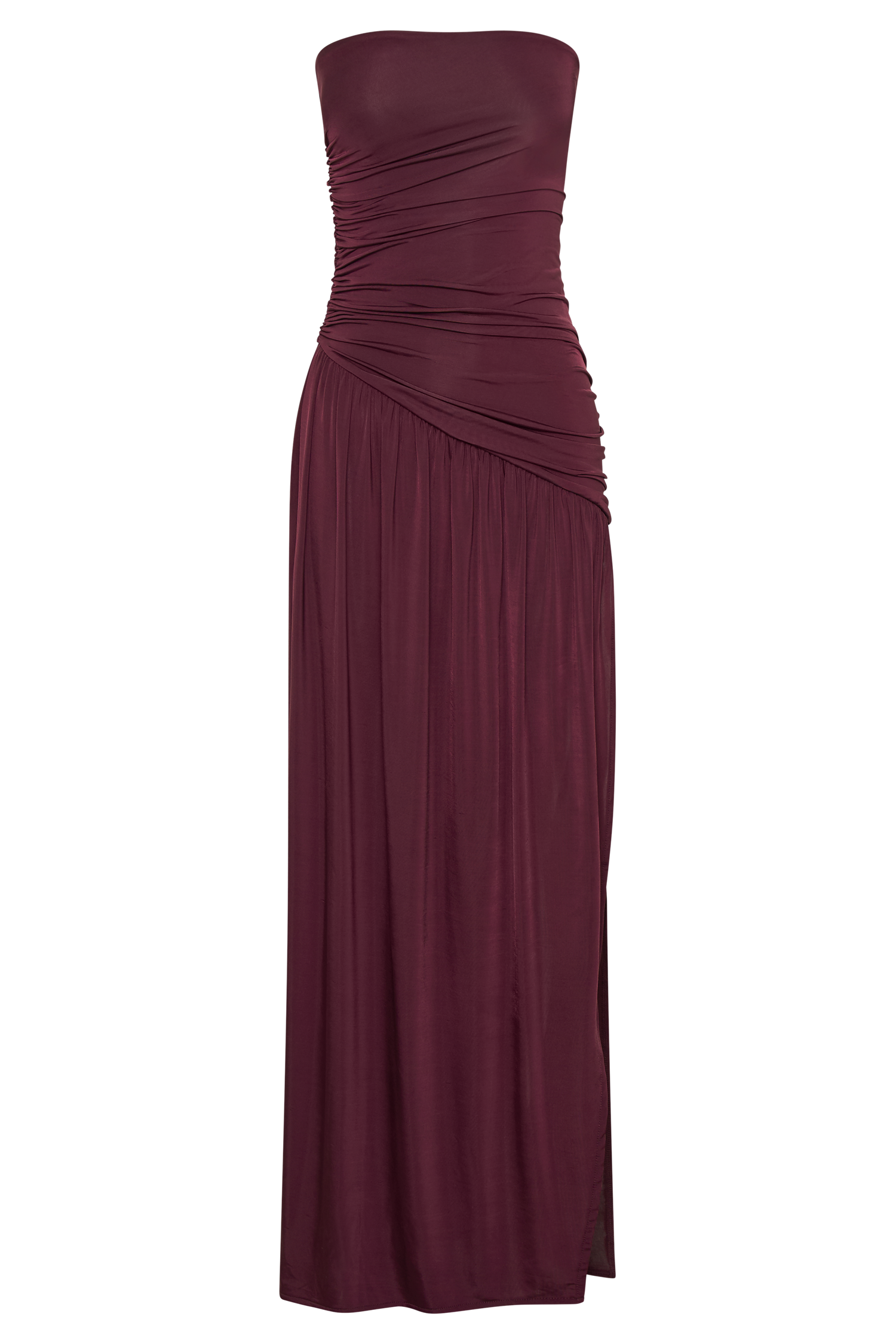 Bex Strapless Slinky Maxi Dress With Split - Burgundy #7