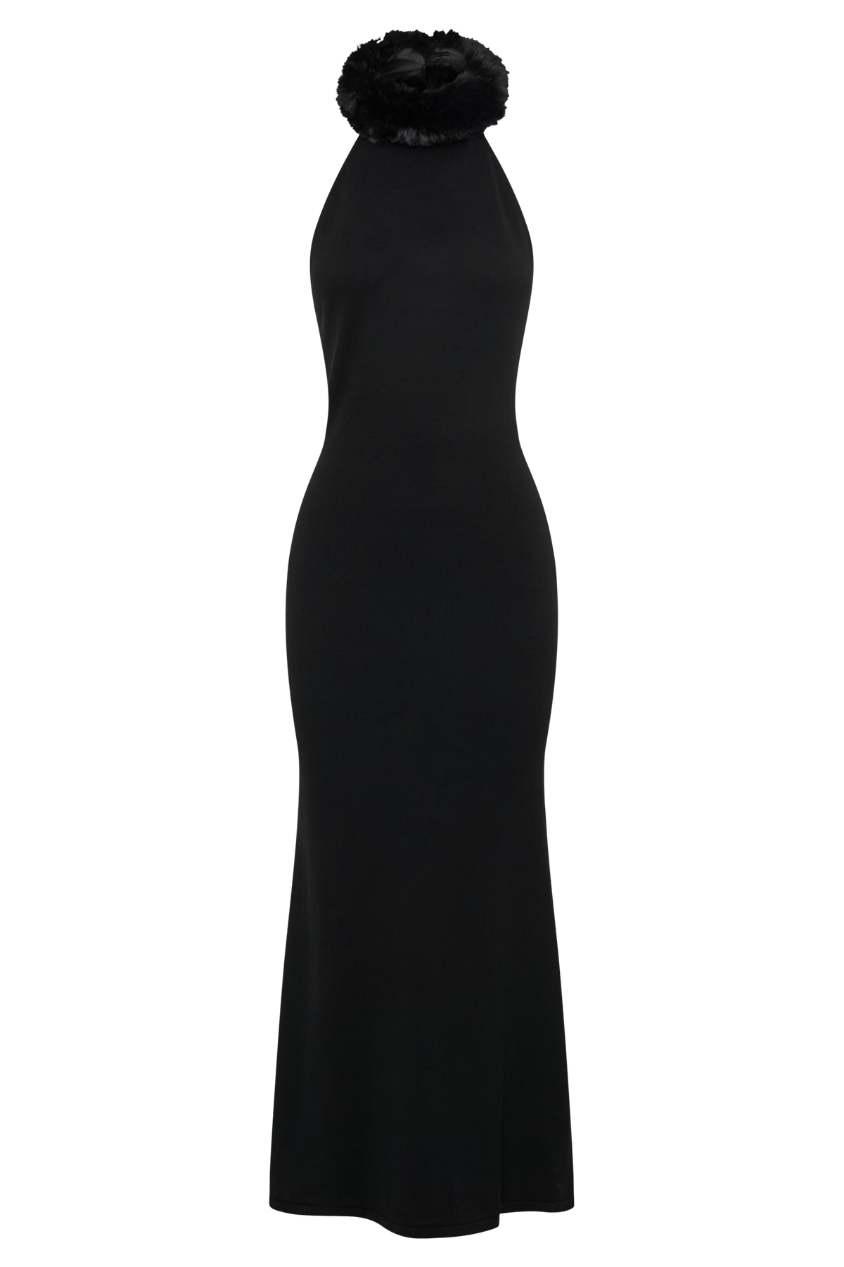 Elva Halter Knit Maxi Dress With Faux Fur - Black