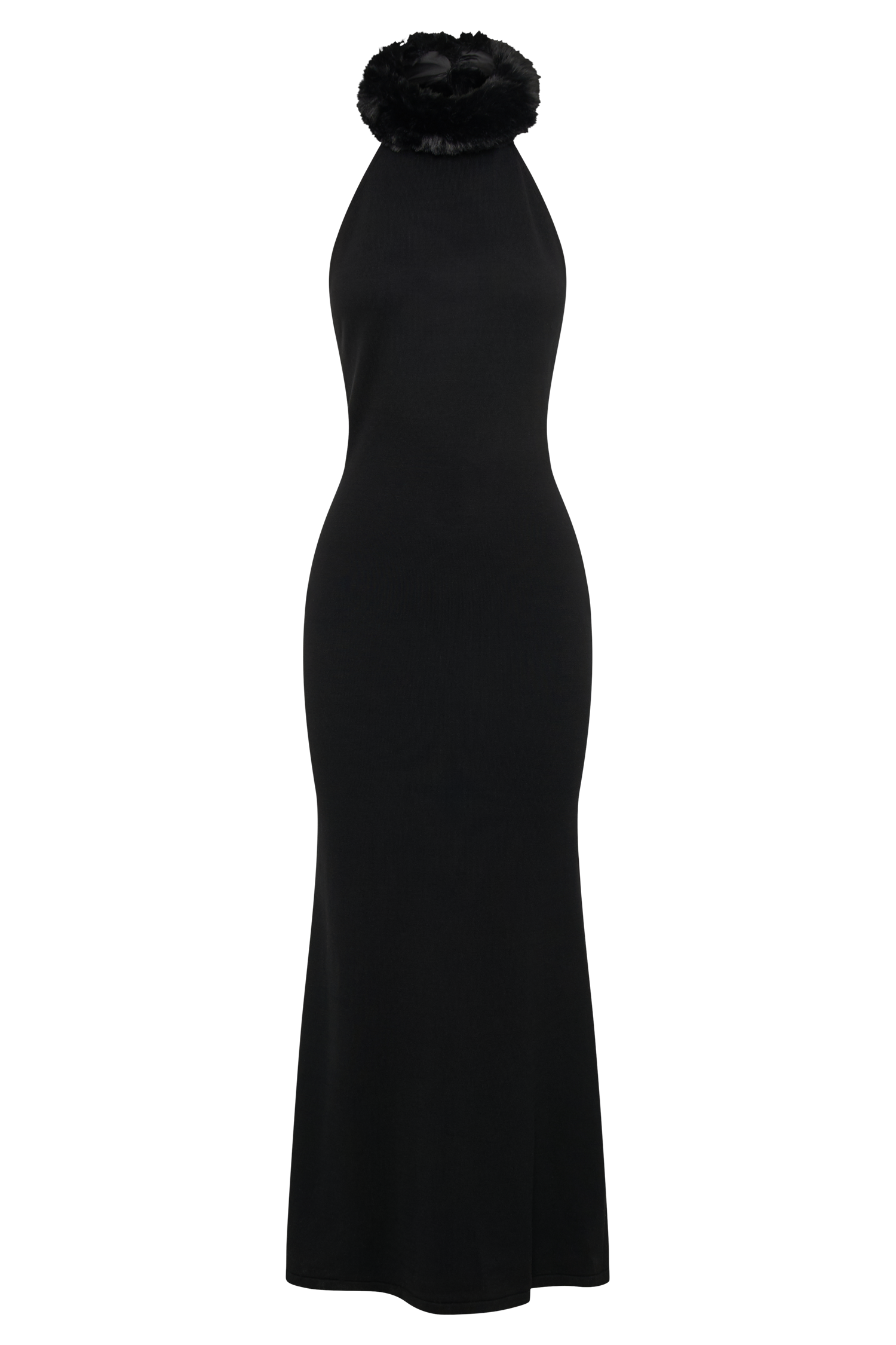 Elva Halter Knit Maxi Dress With Faux Fur - Black #10