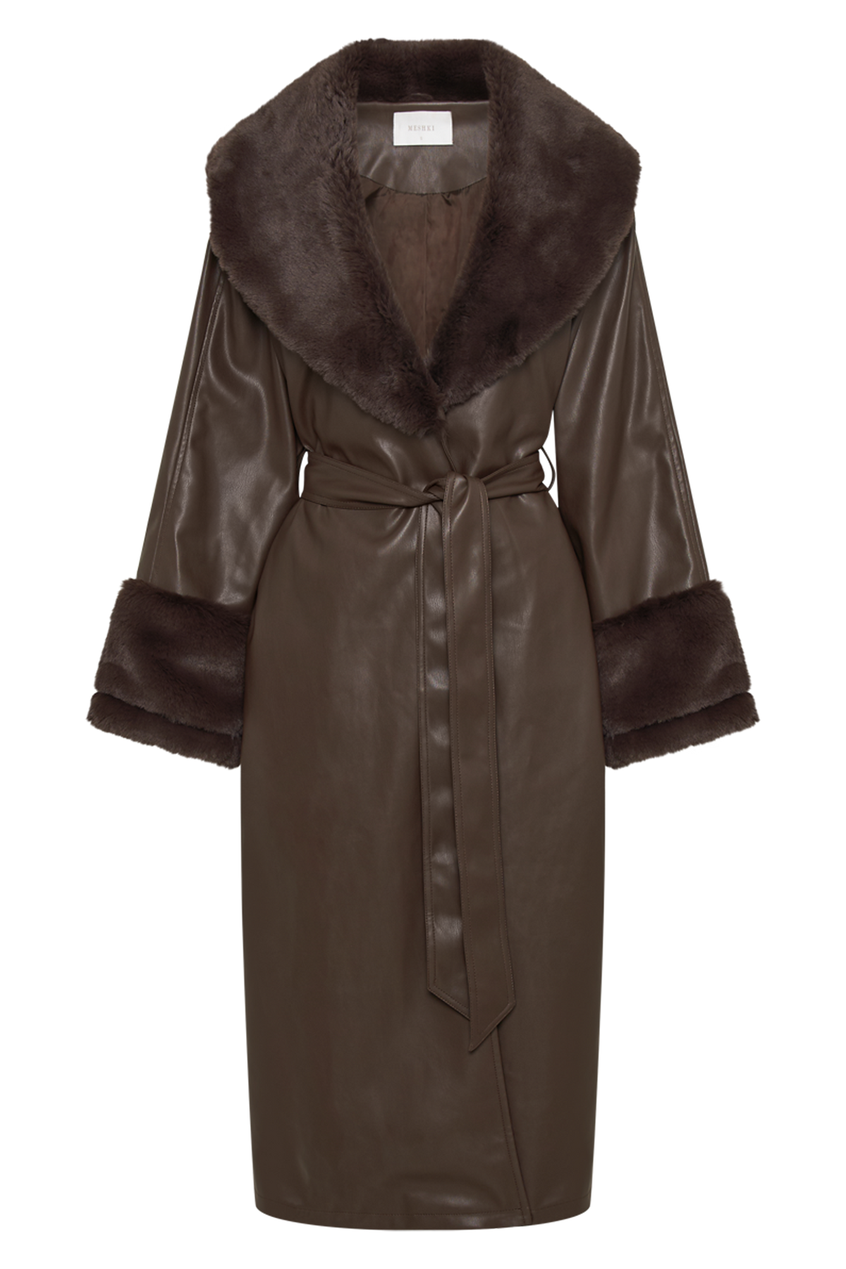 Rebekah Oversized Pu Trench Coat With Fur Trim - Dark Brown #11