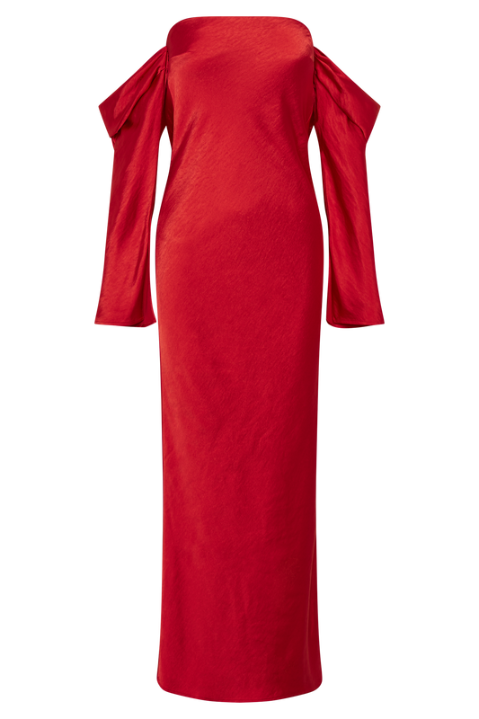 Vee Off Shoulder Satin Midi Dress - Red