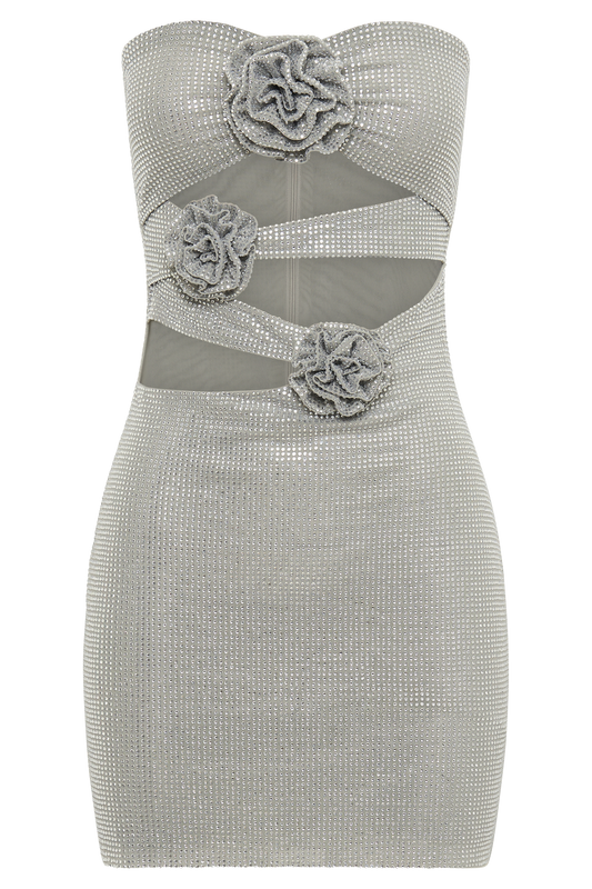 Korinna Strapless Rose Diamante Mini Dress - Silver