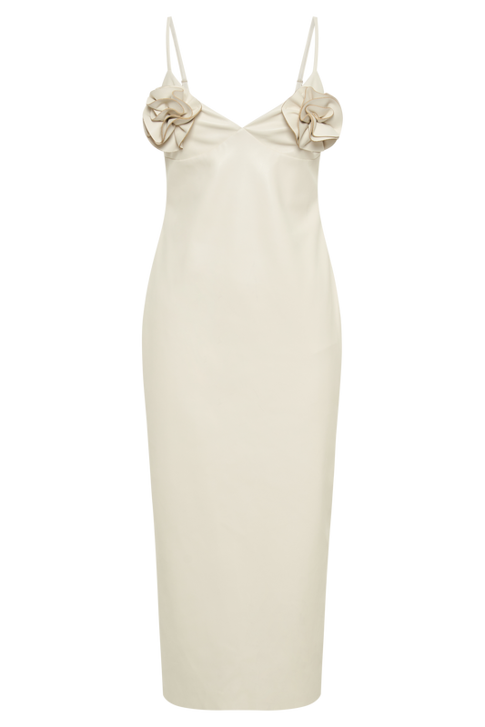 Mariam Faux Leather Rose Midi Dress - Ivory