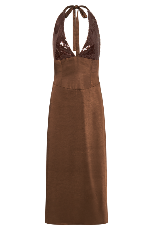 Ebony Satin Midi Dress With Sequins - Chocolate