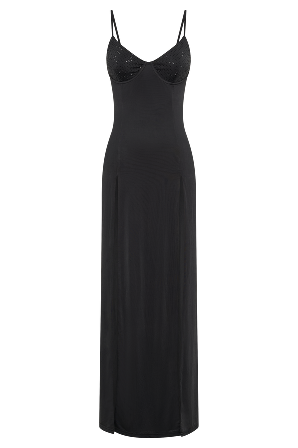 Jojo Jersey Split Maxi Dress With Diamante - Black