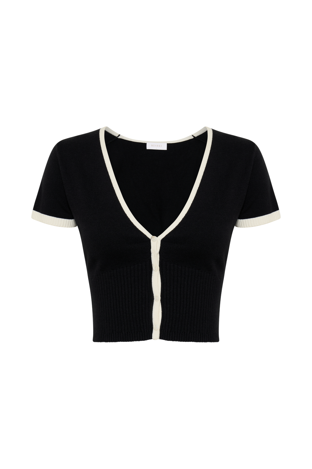 Jolene Contrast Button Up Knit Top - Black- MESHKI UK