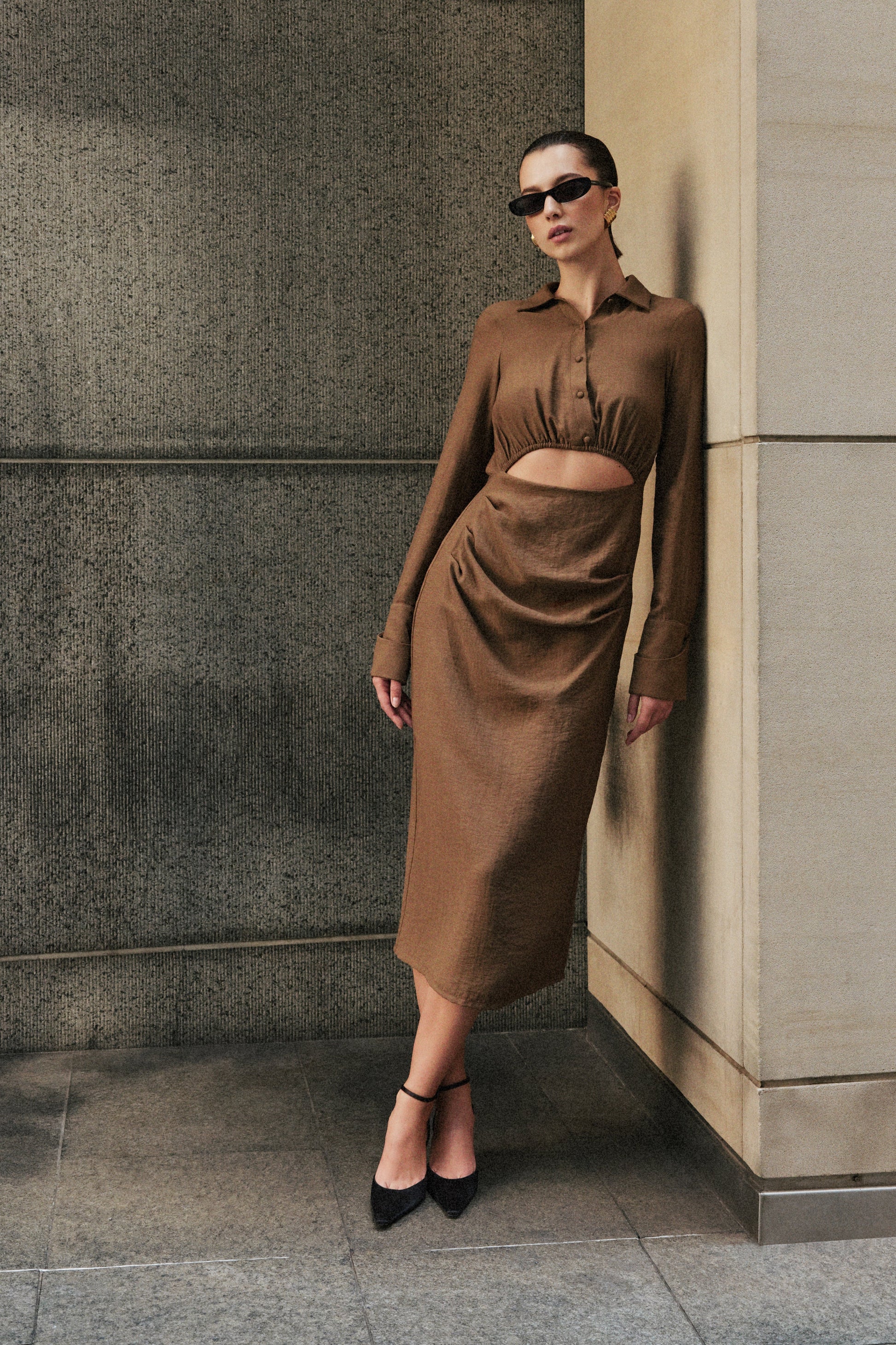 Cecilie Cut Out Shirt Midi Dress - Dark Chocolate #6