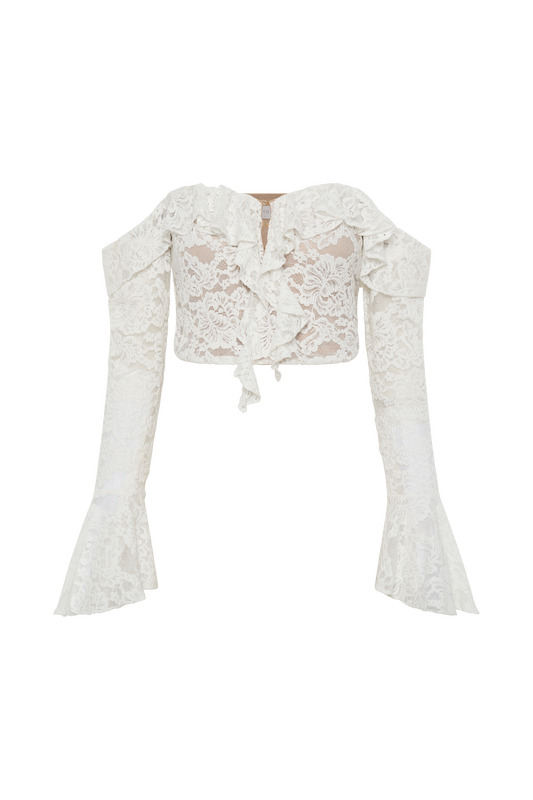 Artemis Lace Plisse Off Shoulder Top - Ivory