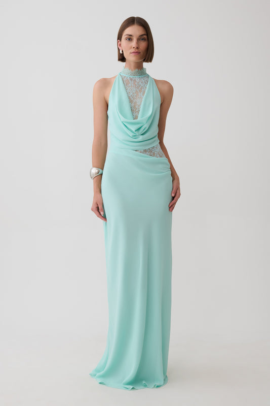 Arra Chiffon And Lace Halter Maxi Dress - Cyan Blue