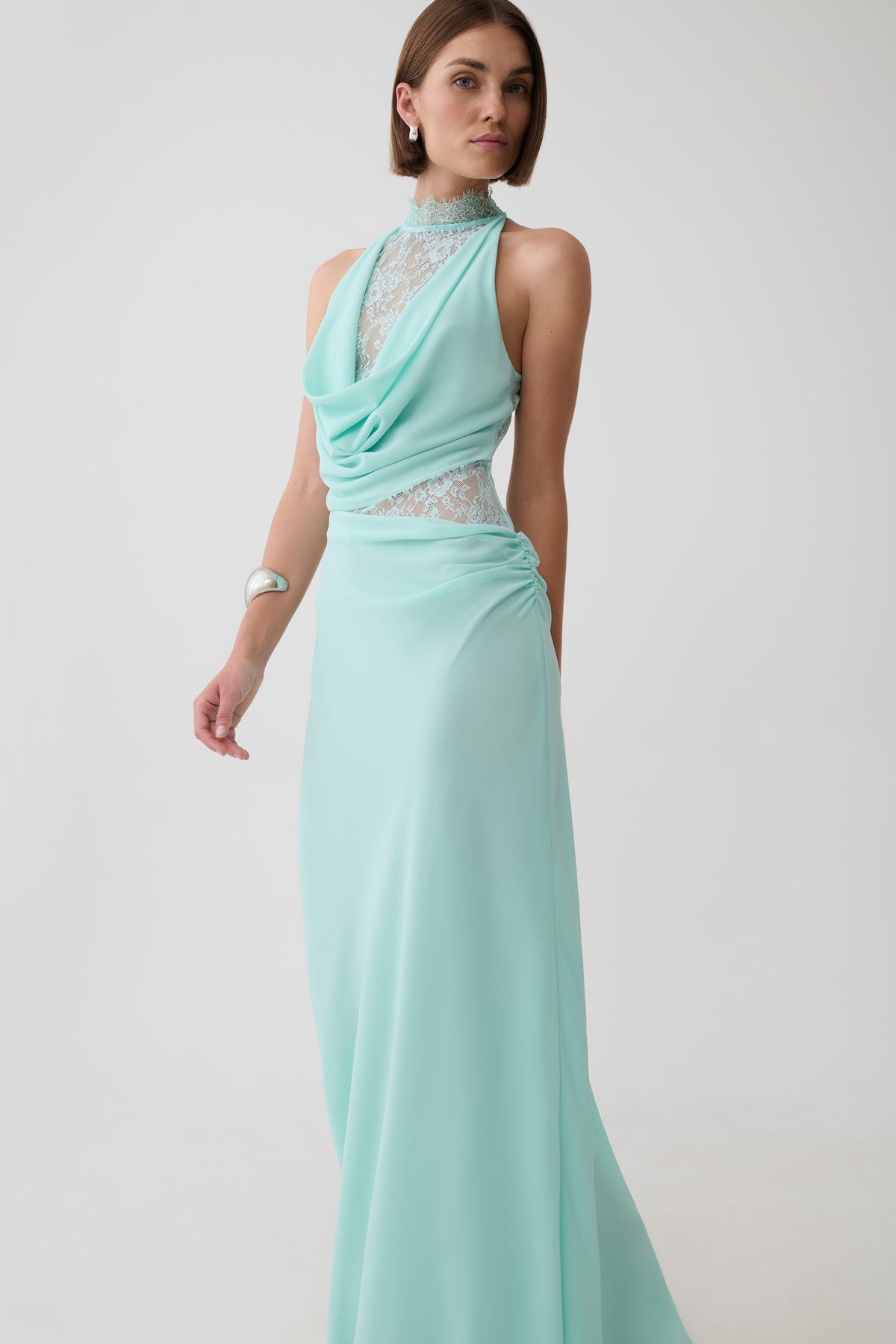 Arra Chiffon And Lace Halter Maxi Dress - Cyan Blue #4