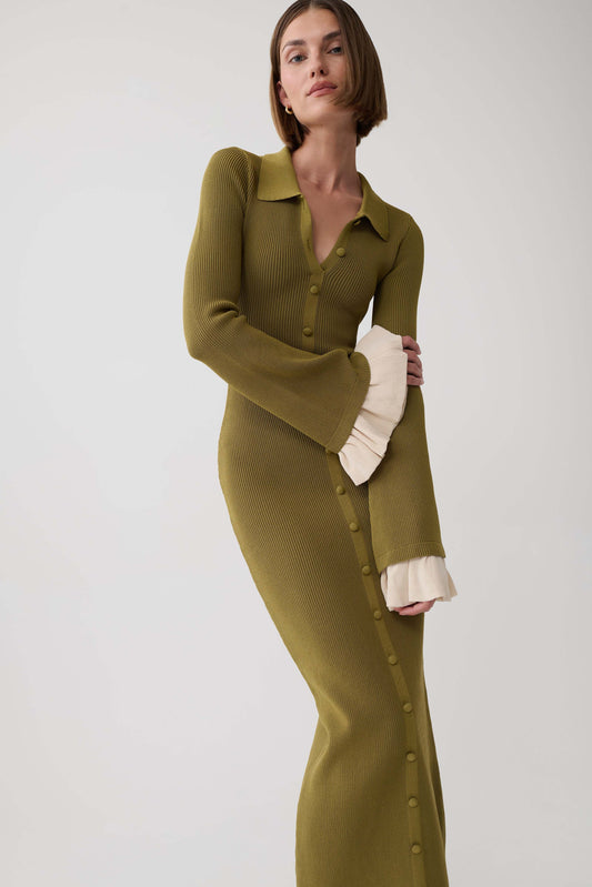 Amirose Ruffle Knit Midi Dress - Olive