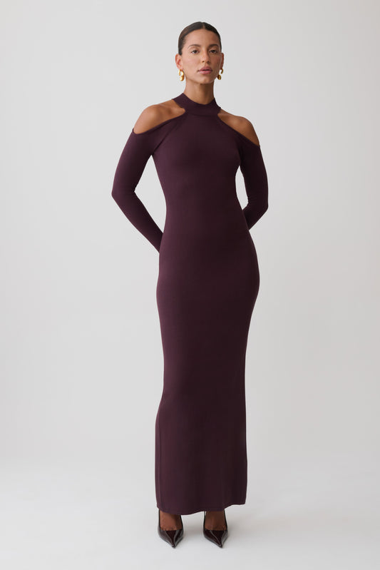 Emma Open Shoulder Maxi Knit Dress - Dark Chocolate