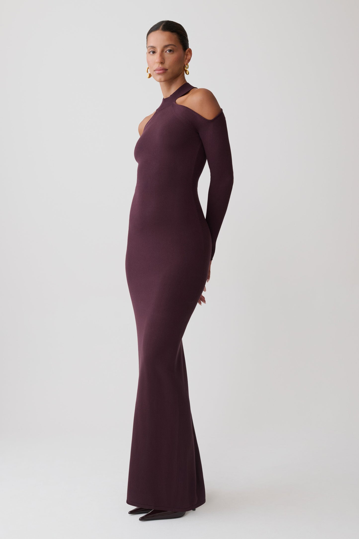 Emma Open Shoulder Maxi Knit Dress - Dark Chocolate