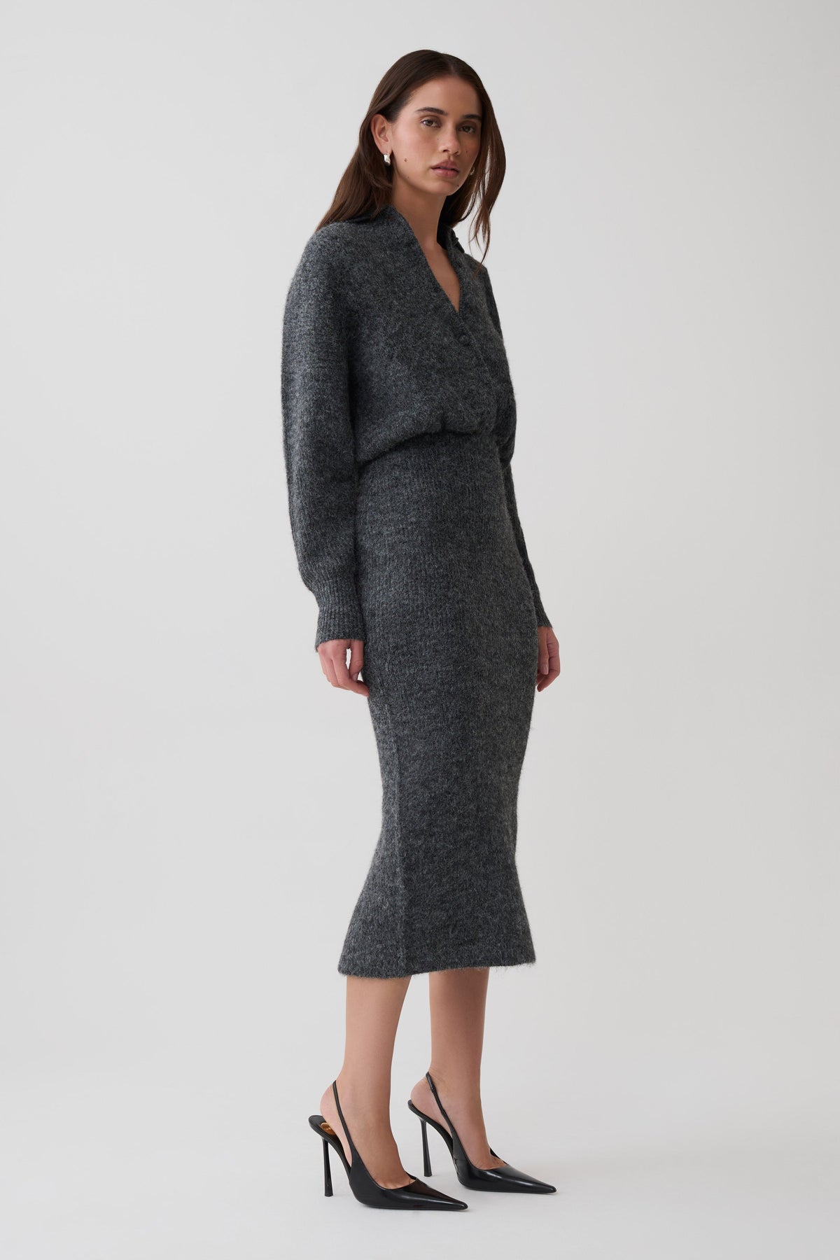 Simoney Long Sleeve Midi Knit Dress - Charcoal #4