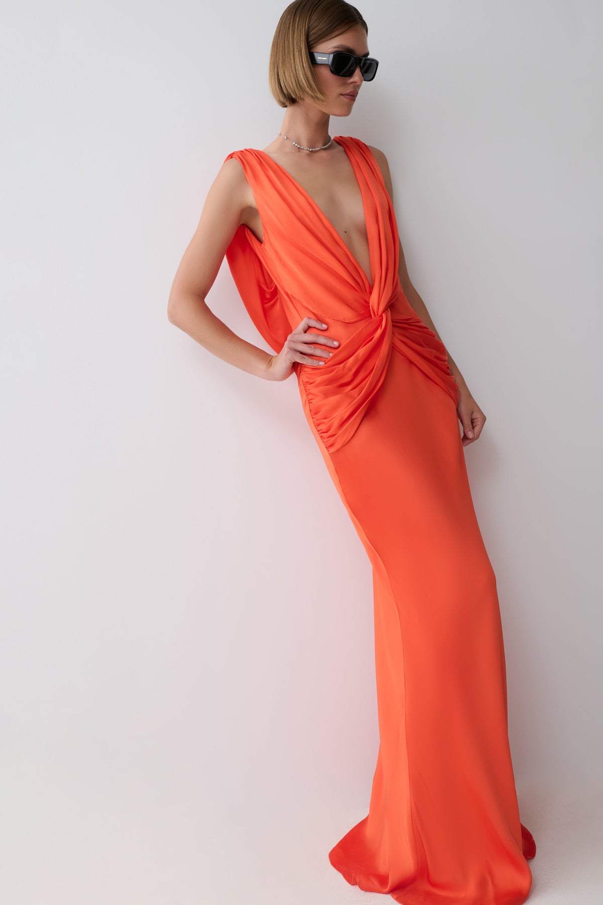 Fantina V Neck Satin Maxi Dress - Blood Orange