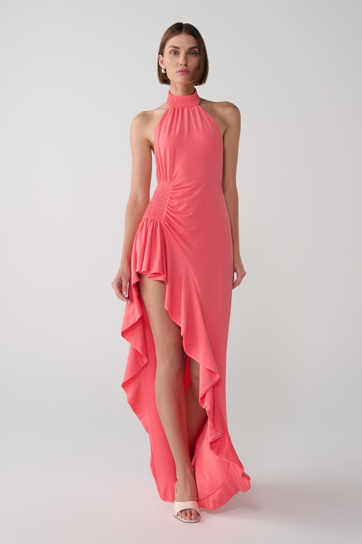Andaluz High Neck Side Split Dress - Pink Peach