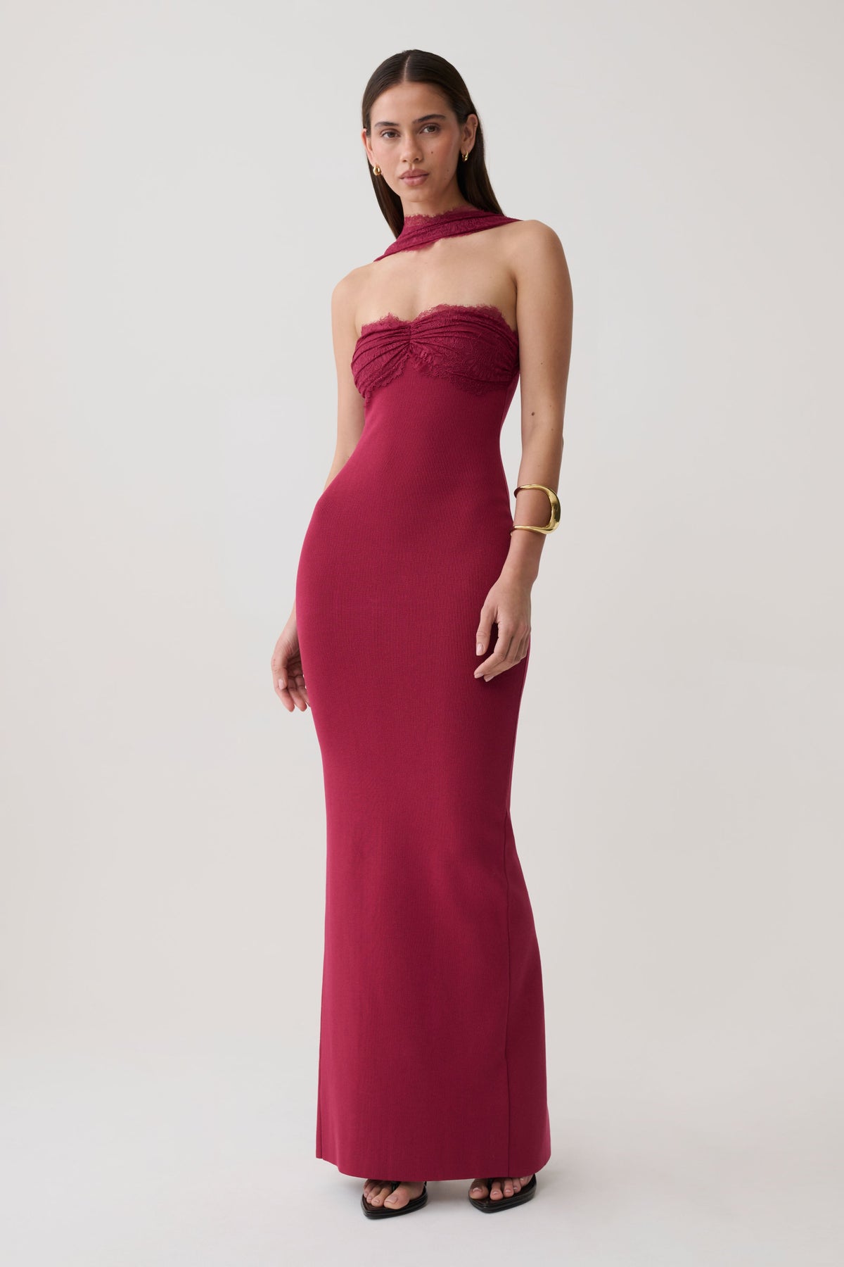 Leny Lace & Bandage Knit Maxi Dress - Burgundy