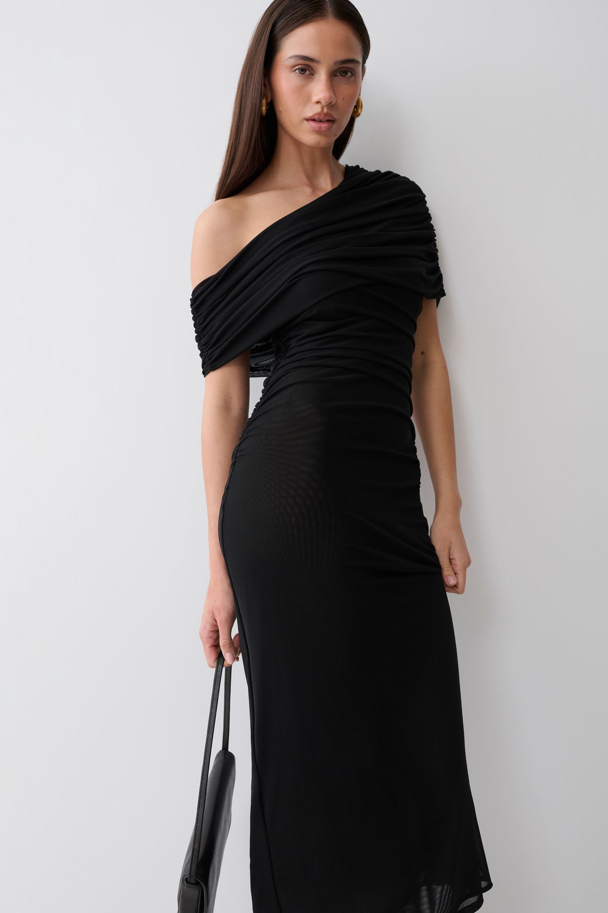 Adalina Fluid Loose Neck Jersey Mesh Midi Dress - Black