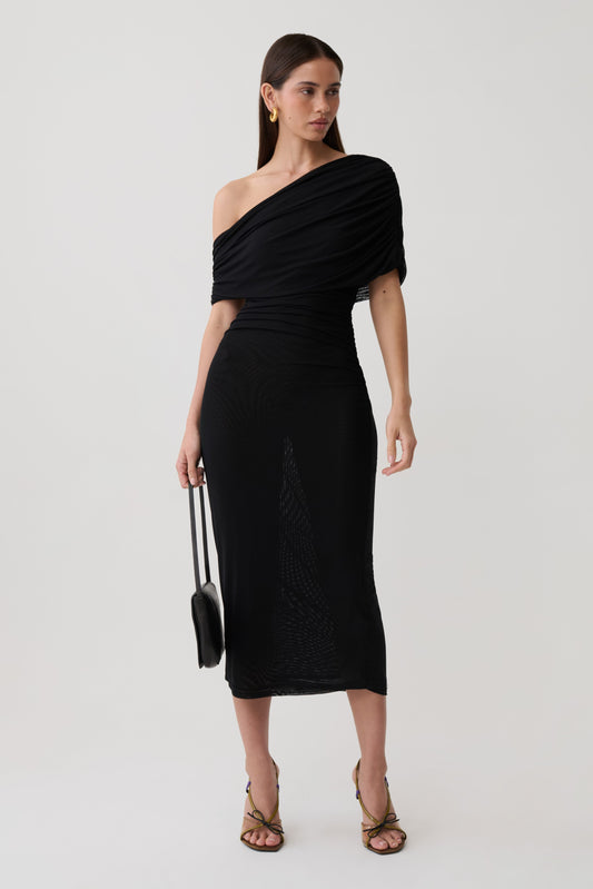 Adalina Fluid Loose Neck Jersey Mesh Midi Dress - Black