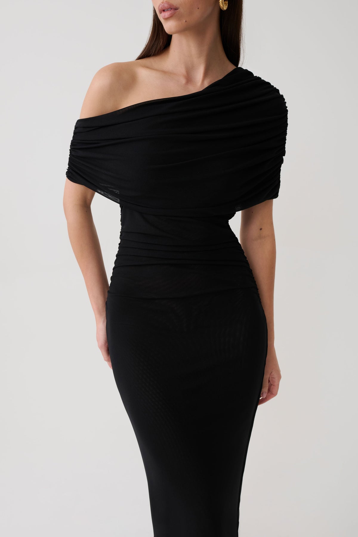 Adalina Fluid Loose Neck Jersey Mesh Midi Dress - Black #3