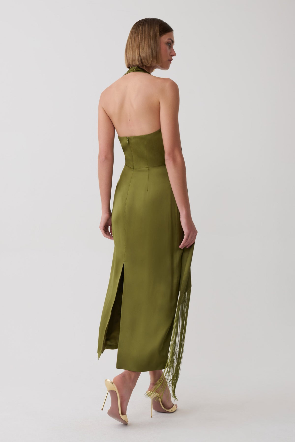 Keena Satin Midi Dress With Fringe Scarf - Olive