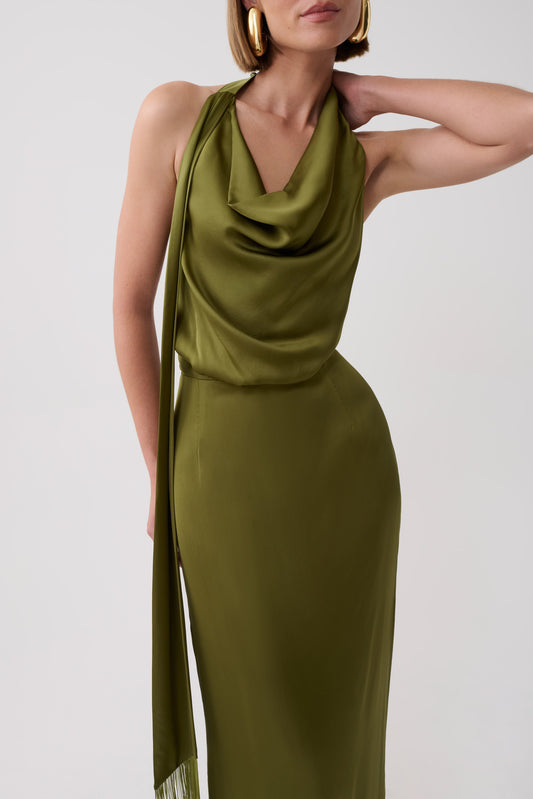 Keena Satin Midi Dress With Fringe Scarf - Olive