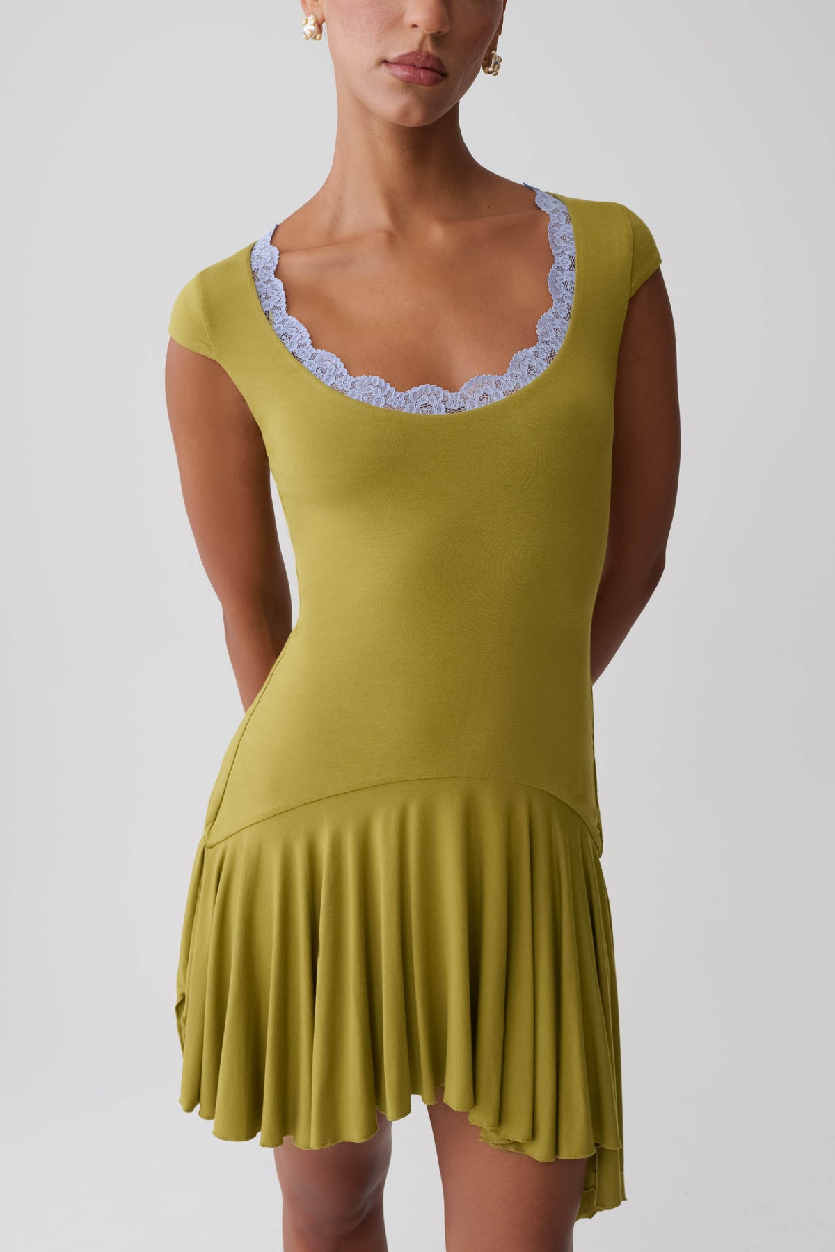 Gardenia Lace Trim Scoop Neck Mini Dress - Olive/Cornflower #7