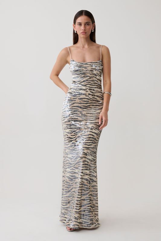 Deborah Sequin Maxi Dress - Zebra Print